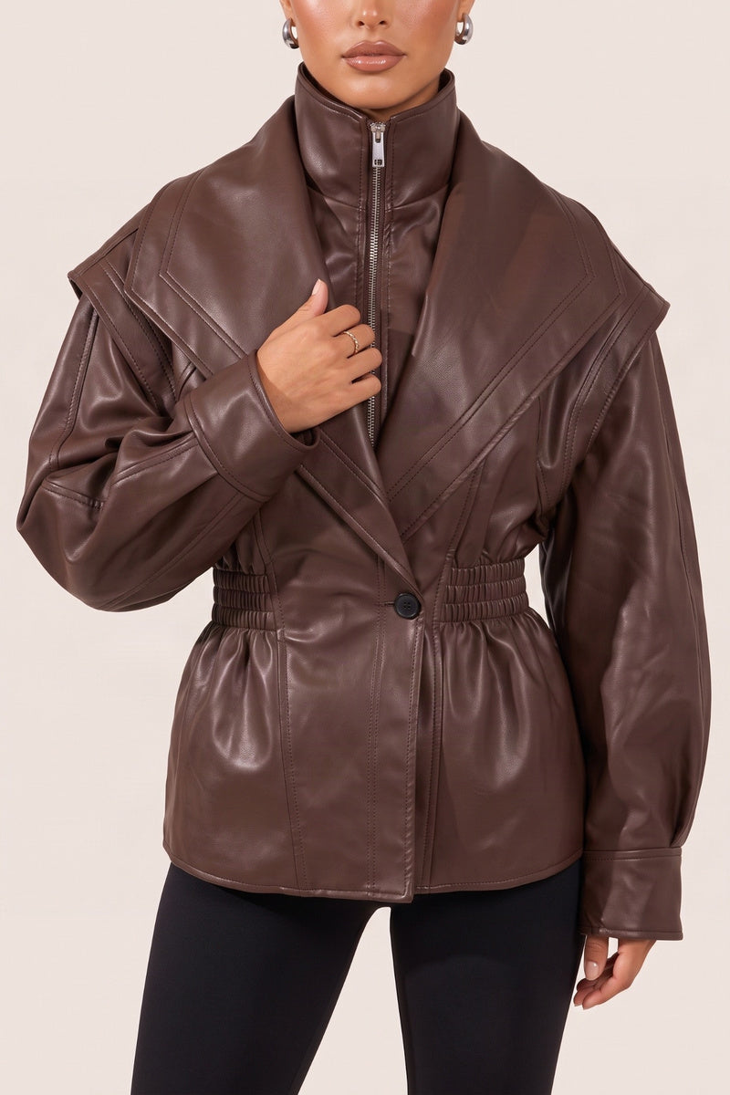 Chocolate Plum PU Balloon Sleeve Cinched Waist Jacket - Laraya