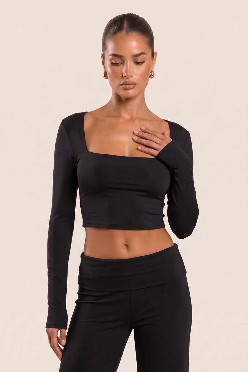Black Slinky Square Neck Long Sleeve Crop Top - Melissa