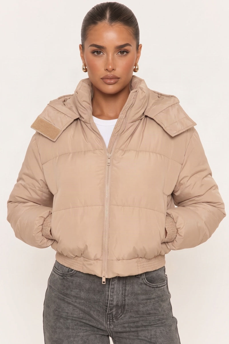 Stone Hooded Zip Through Crop Puffer Jacket - Careen