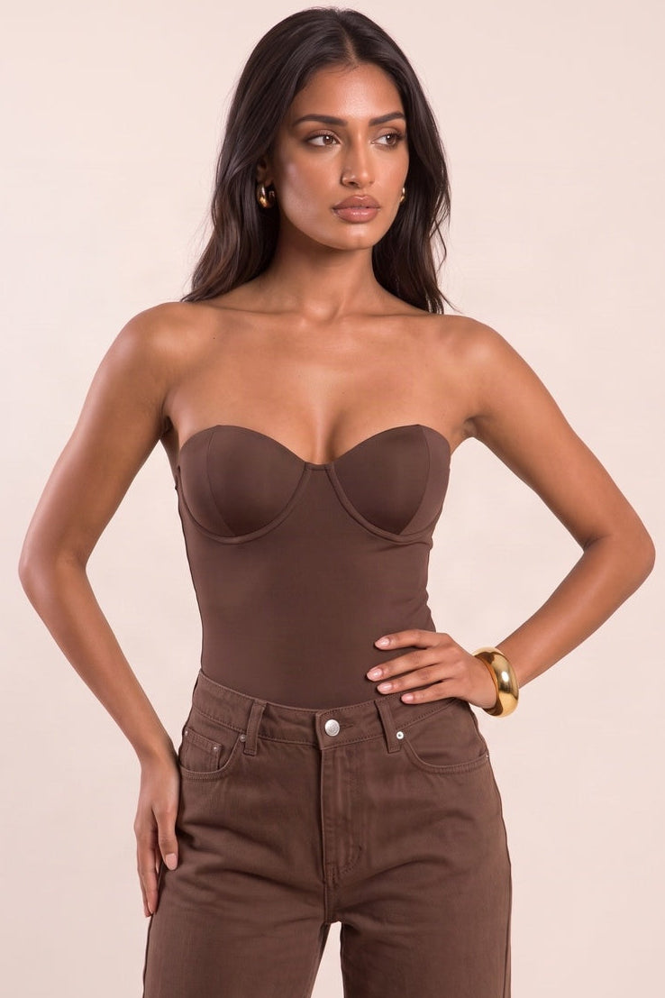 Chocolate Slinky Strapless Padded Bodysuit - Shari