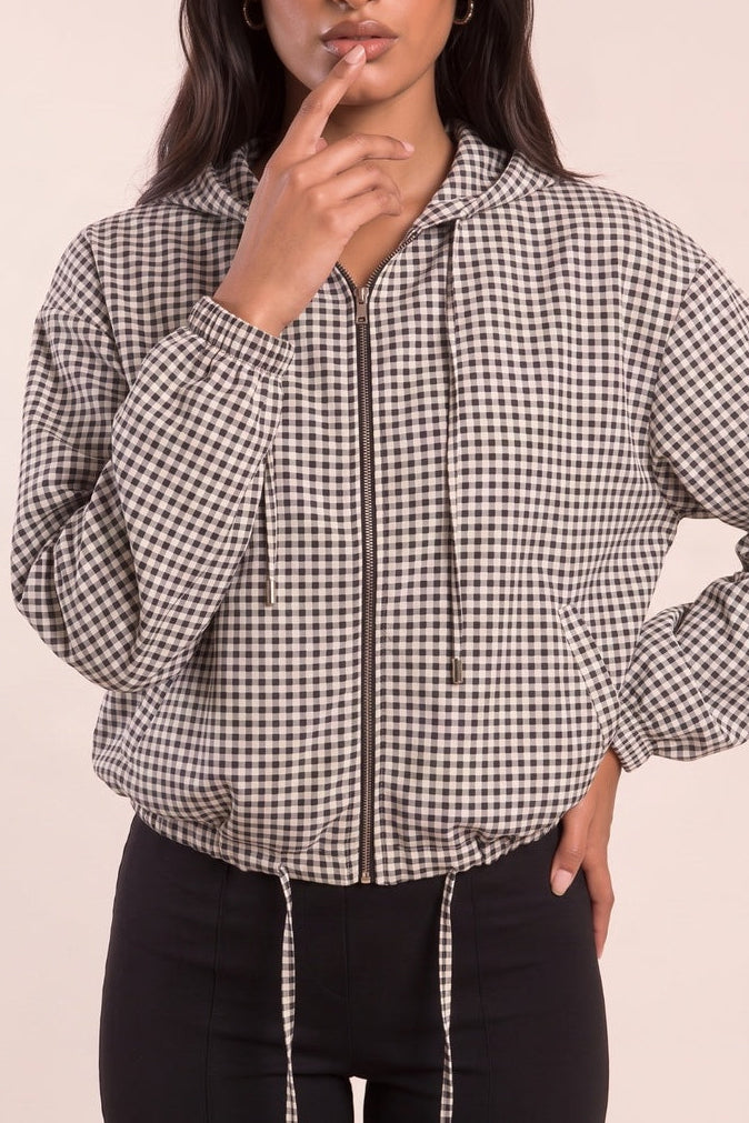 Black White Check Hooded Zip Front Bomber Jacket - Alvera
