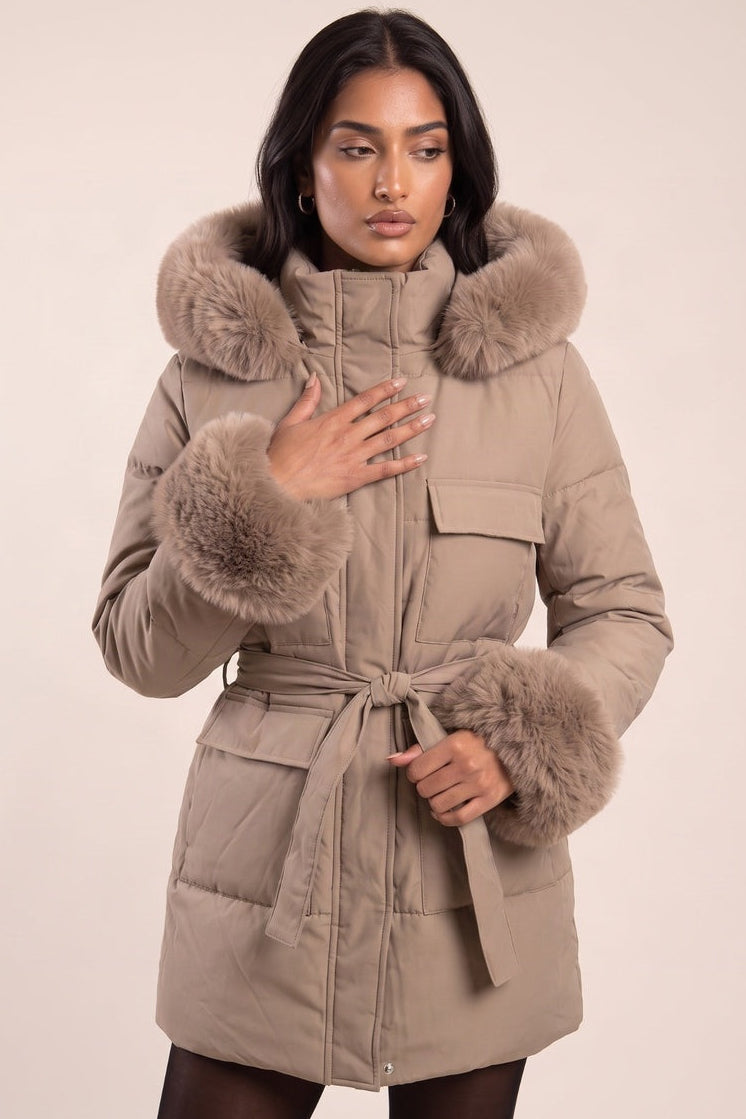 Mocha Faux Fur Trim Longline Puffer Jacket - Candy