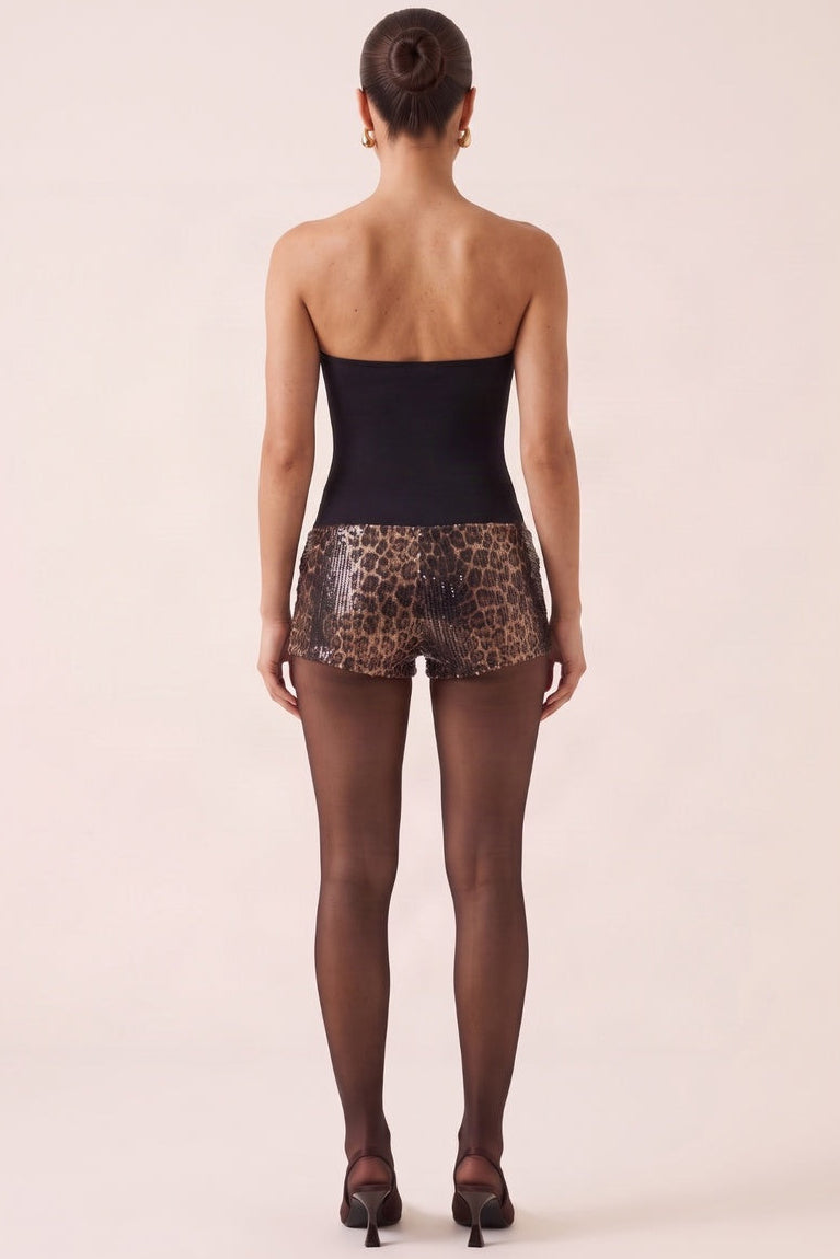 Brown Leopard Print Sequin Mini Shorts - Yvanna