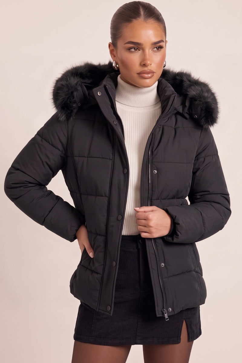 Black Detachable Faux Fur Trim Hooded Longline Puffer Coat - Emily