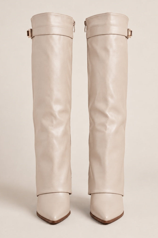 Beige PU Trim Detail Layered Knee High Boots - Izzy