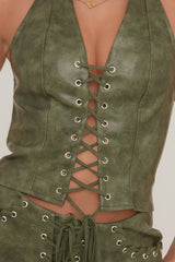 Green Faux Leather Lace Front Halter Top - Avonlea