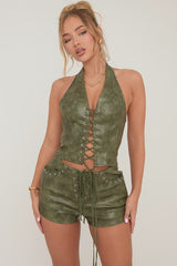 Green Faux Leather Lace Front Halter Top - Avonlea