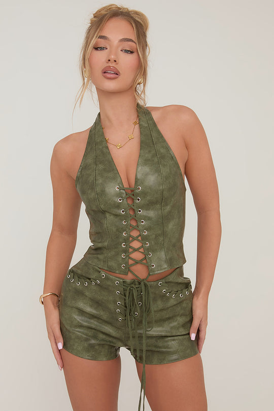 Green Faux Leather Lace Front Halter Top - Avonlea