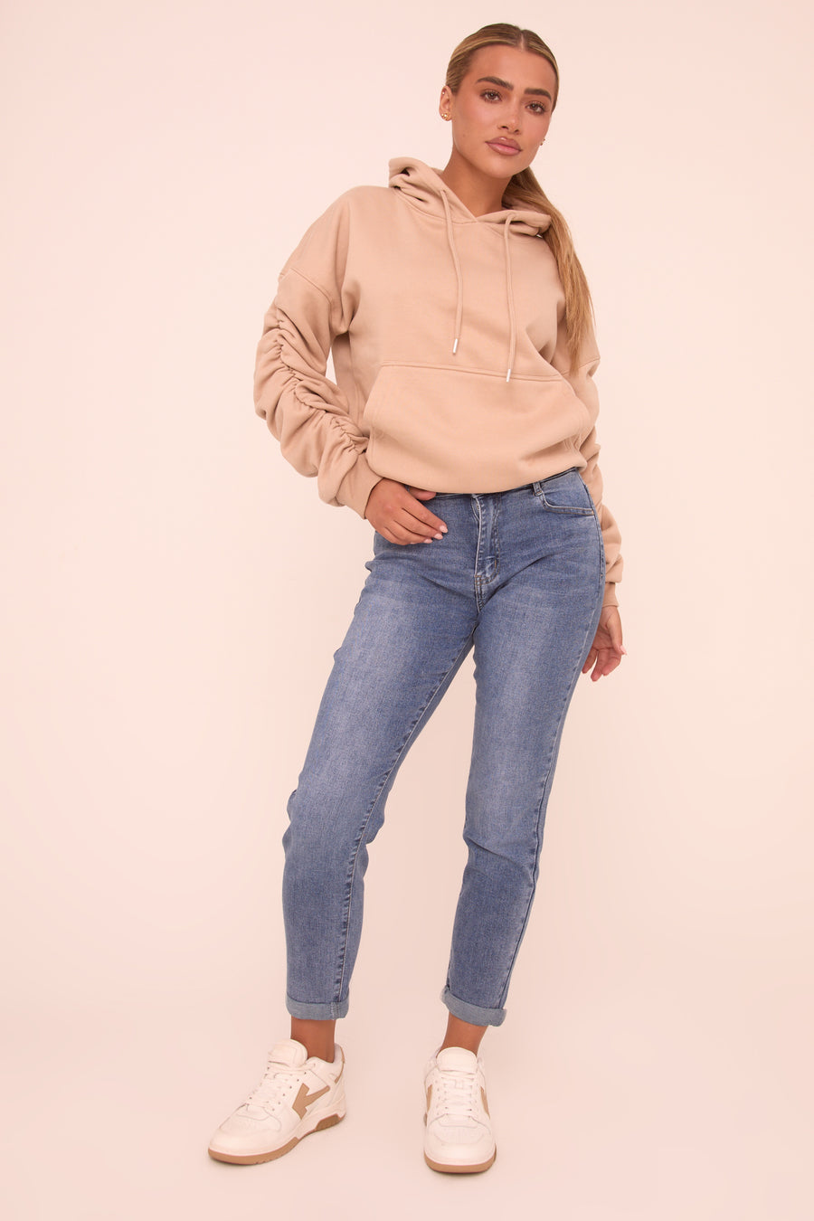 Mid Blue Stretch High Waist Turn Up Hem Mom Jeans - Corra