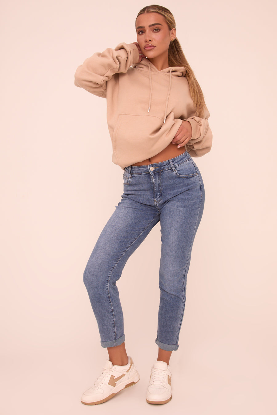 Mid Blue Stretch High Waist Turn Up Hem Mom Jeans - Corra