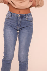 Mid Blue Stretch High Waist Turn Up Hem Mom Jeans - Corra