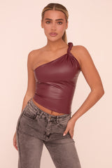 Wine Twist One Shoulder Faux Leather Top - Arthur