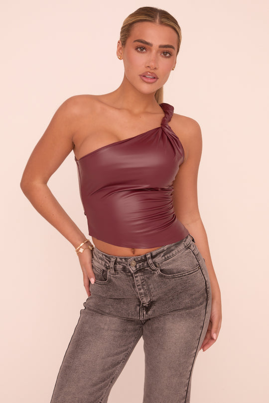 Wine Twist One Shoulder Faux Leather Top - Arthur