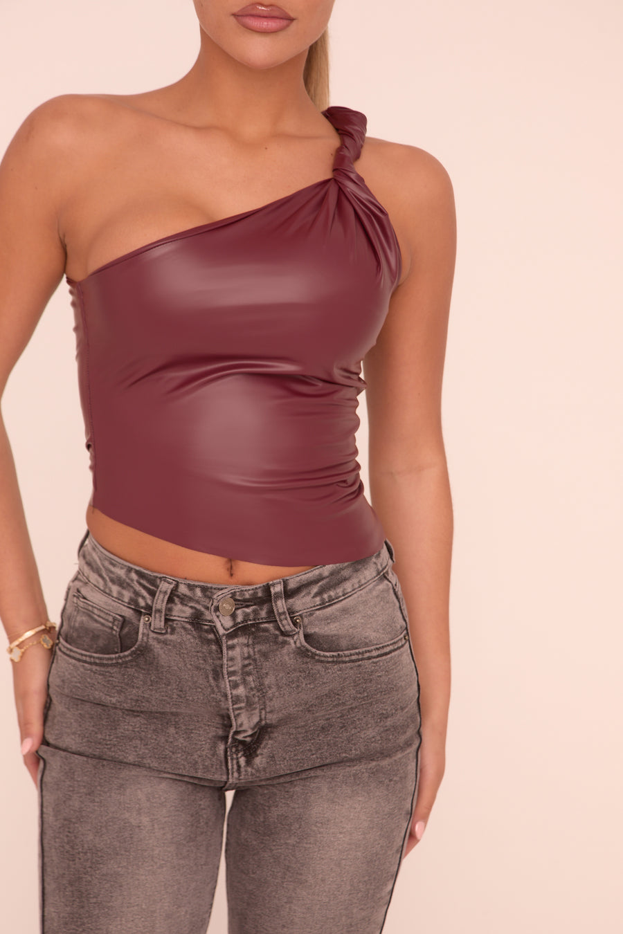 Wine Twist One Shoulder Faux Leather Top - Arthur