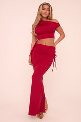 Red One Shoulder Cropped Top & Ruched Maxi Skirt Co-ord Set - Joanne