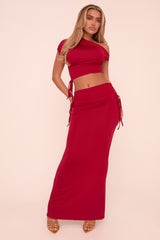 Red One Shoulder Cropped Top & Ruched Maxi Skirt Co-ord Set - Joanne