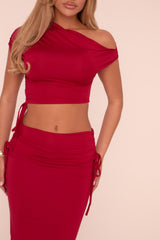 Red One Shoulder Cropped Top & Ruched Maxi Skirt Co-ord Set - Joanne