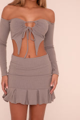 Grey Rib Knit Bardot Cropped Top & Pleat Detail Mini Skirt Co-ord Set - Yancy