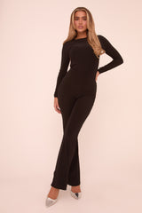 Black Long Sleeves Open Back Jumpsuit - Lois