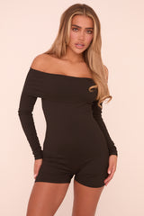Black Rib Knit Bardot Long Sleeves Playsuit - Amarri