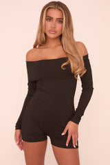 Black Rib Knit Bardot Long Sleeves Playsuit - Amarri