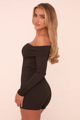 Black Rib Knit Bardot Long Sleeves Playsuit - Amarri