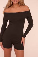 Black Rib Knit Bardot Long Sleeves Playsuit - Amarri