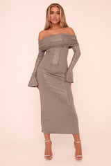Grey Metallic Bardot Long Sleeves Maxi Dress - Sharron