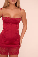 Red Satin Lace Trim Bodycon Mini Dress - Margot