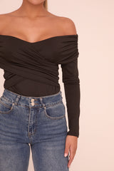 Black Ruched Bardot Long Sleeves Bodysuit - Ines