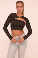 Black Cut Out Long Sleeves Cropped Top - Fayha