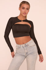 Black Cut Out Long Sleeves Cropped Top - Fayha