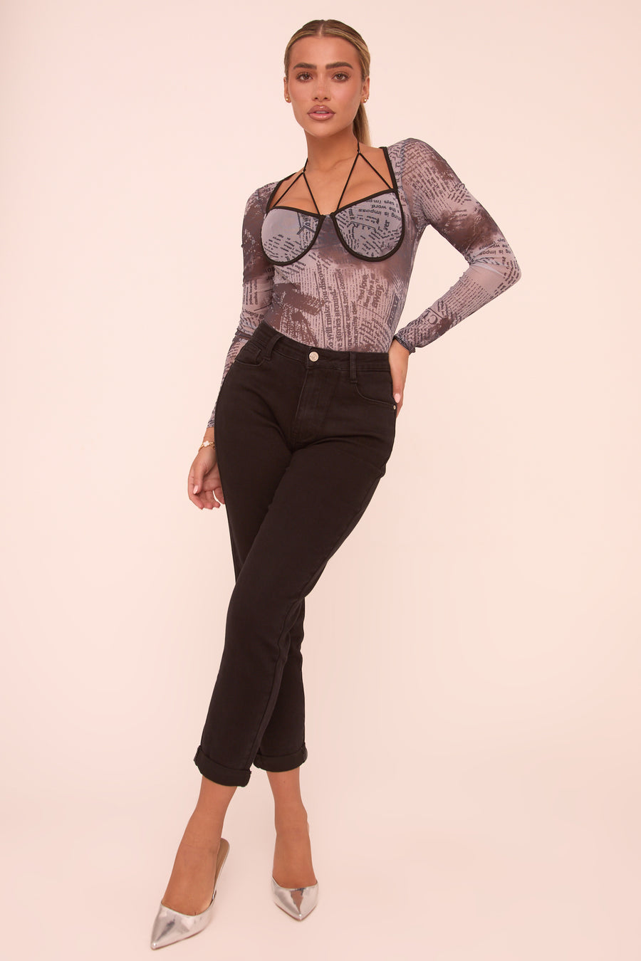 Multi Abstract Print Long Sleeves Bodysuit - Ayla