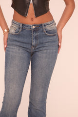 Mid Blue Mid Waist Kick Flare Denim Jeans - Ondrea
