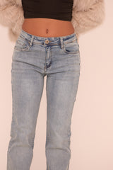 Light Blue Washed Stretch Mid Waist Straight Leg Denim Jeans - Maddison