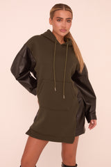 Khaki Faux Leather Long Sleeves Hooded Jumper Dress - Kary