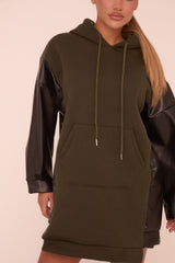 Khaki Faux Leather Long Sleeves Hooded Jumper Dress - Kary
