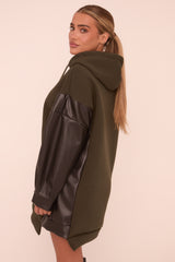 Khaki Faux Leather Long Sleeves Hooded Jumper Dress - Kary