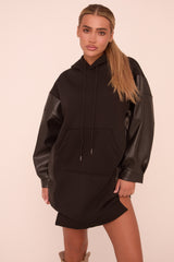 Black Faux Leather Long Sleeves Hooded Jumper Dress - Kary