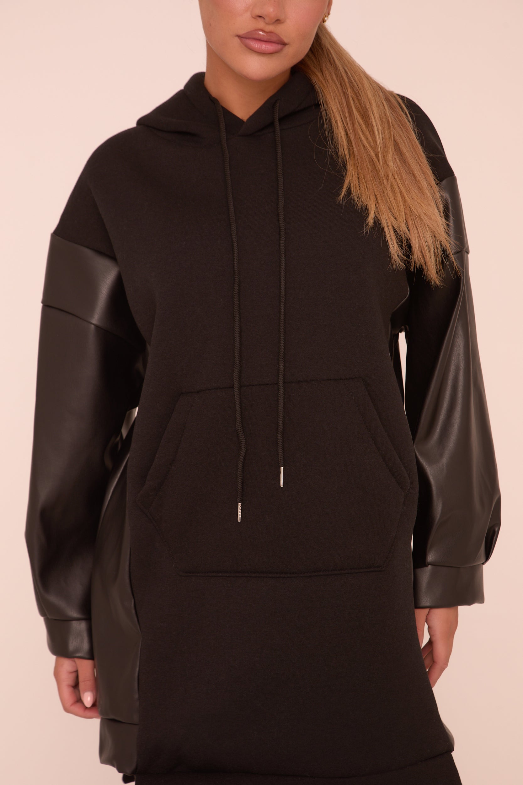 Black Faux Leather Long Sleeves Hooded Jumper Dress | Dress | Rebellious Fashion Black Faux Leather Long Sleeves Hooded Jumper Dress | Dress | Rebellious Fashion