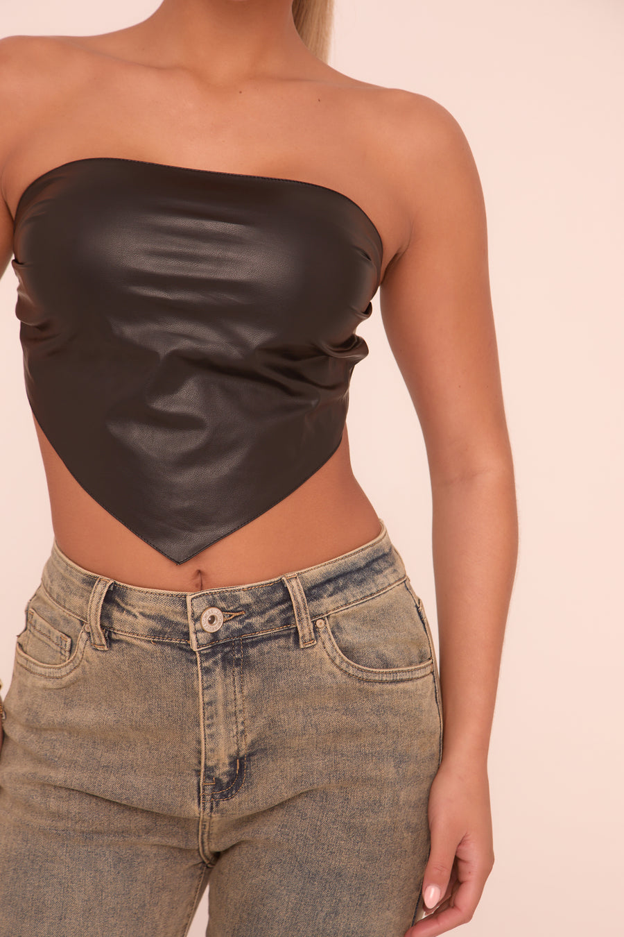 Black Faux Leather Bandeau Backless Cropped Top - Demya