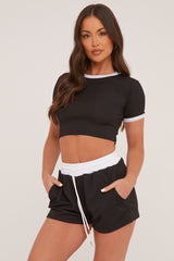 Black Rib Knit Contrast Binding Top & Shorts Co-ord Set - Felipa