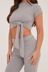 Grey Tie Front Cropped Top & Trousers Co-ord Set - Penney