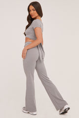 Grey Tie Front Cropped Top & Trousers Co-ord Set - Penney