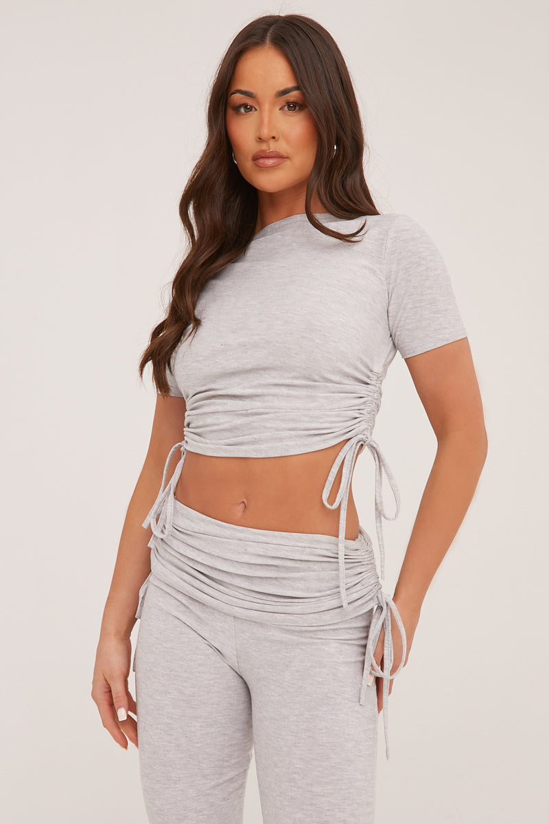 Grey Ruching Detail Cropped Top & Trousers Co-ord Set - Kyani