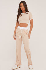 Stone Contrast Binding Cropped Top & Wide Leg Trousers Co-ord Set - Kloni