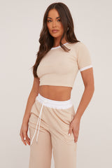 Stone Contrast Binding Cropped Top & Wide Leg Trousers Co-ord Set - Kloni