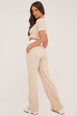 Stone Contrast Binding Cropped Top & Wide Leg Trousers Co-ord Set - Kloni