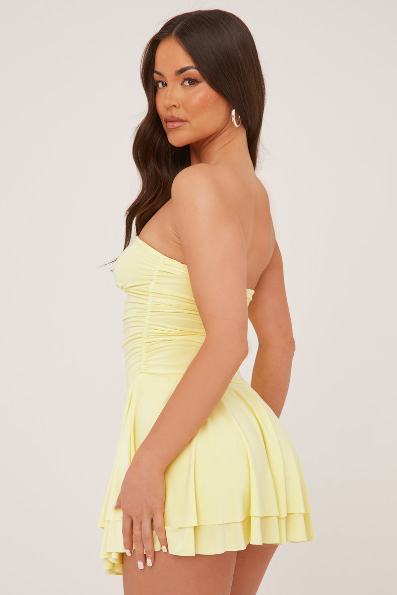 ruched skater skirt mini dress Yellow Bandeau Ruched Skater Mini Dress
