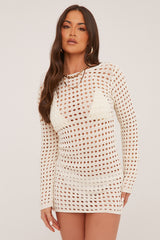 Cream Crochet Scoop Back Mini Dress - Mazi